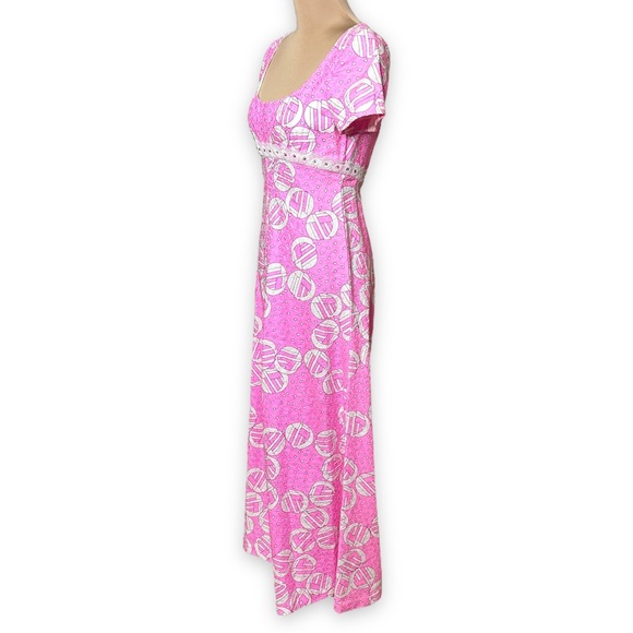 Vintage 60s 70s Harmay Maxi Formal Dress Pink White Geometric Print Size Small - Picture 4 of 17